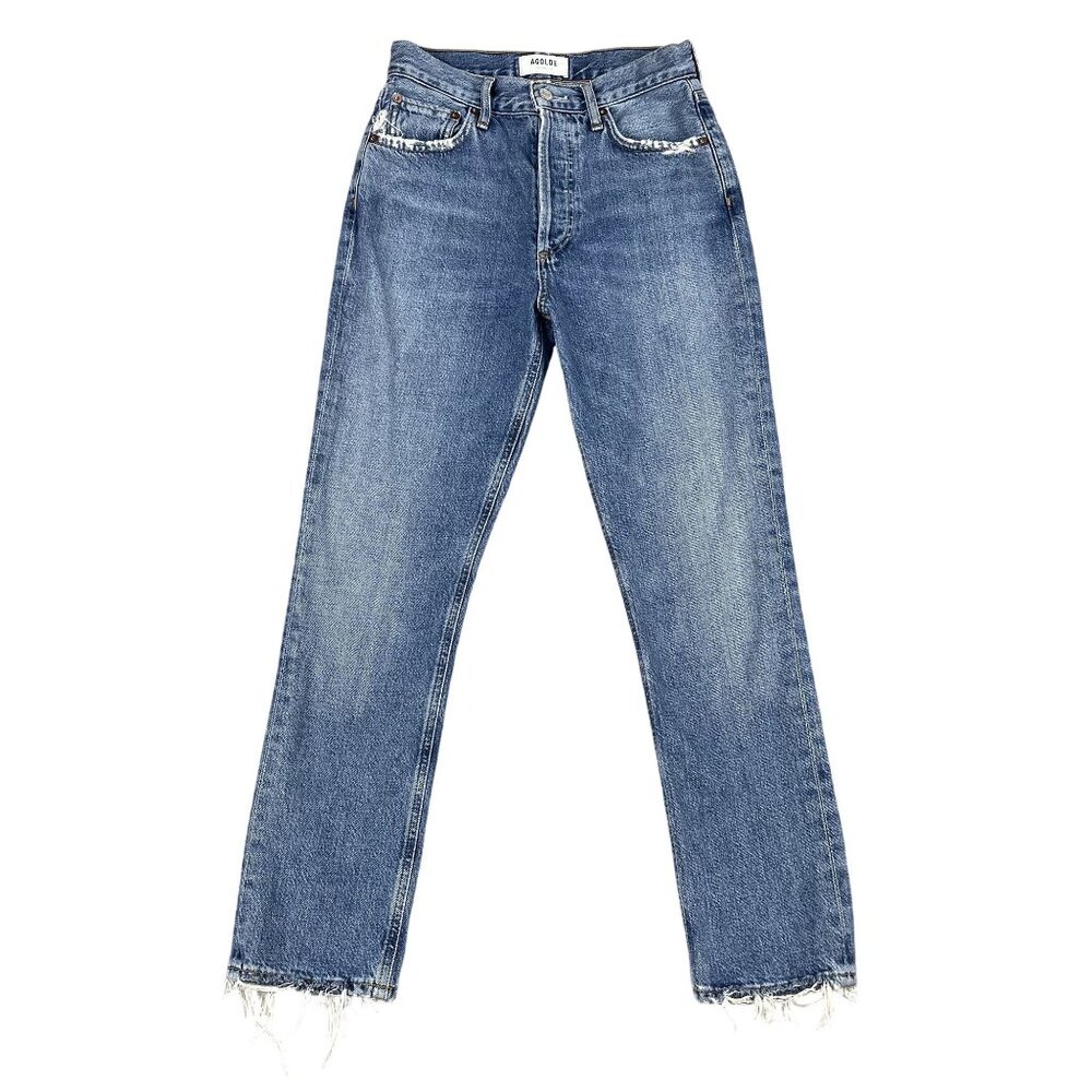 AGOLDE Jeans Women 24 Blue Riley Crop High Rise Straight Raw‎ Hem Distressed
